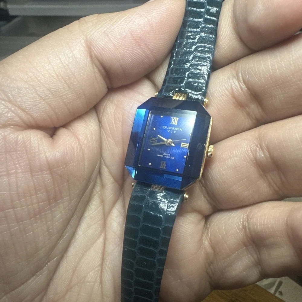 Working Quemex 18K Gold Plated Blue/Gold Dainty Ladies QUARTZ Watch 22mm Fit 6in